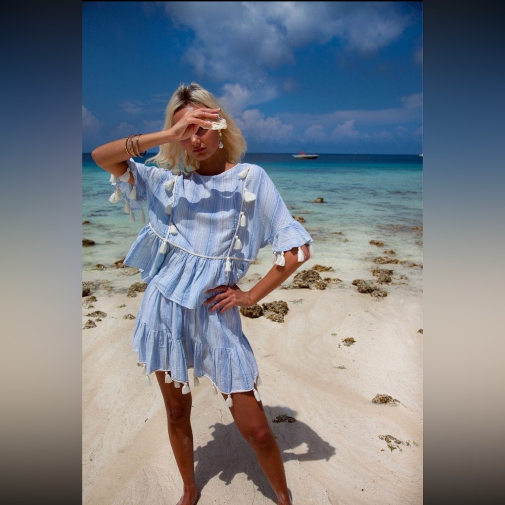 Palm Collective Matching Linen Boho Tassel Top & Skirt Two Piece Outfit